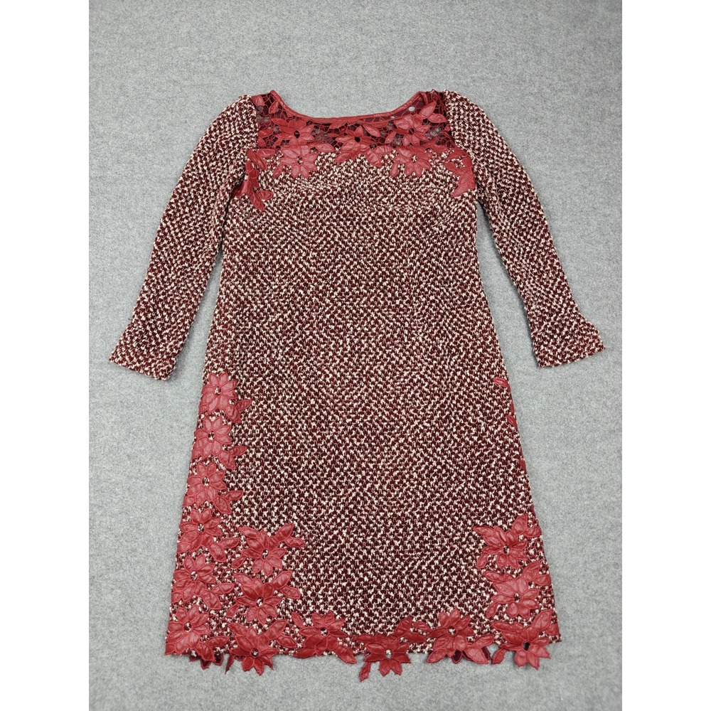 Nora Noh Dress Womens 12 Red Tweed Floral Rhinestone Shift Long Sleeve Party